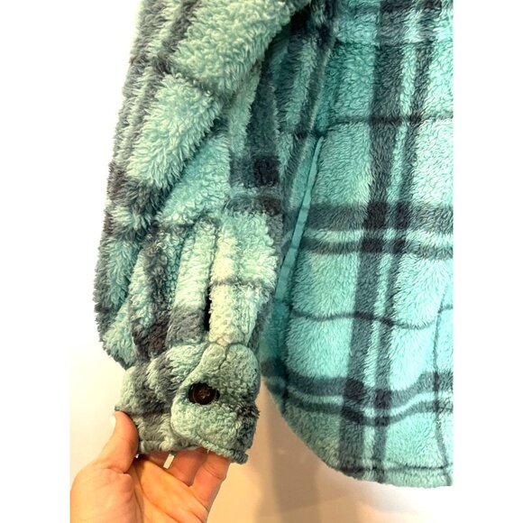 PacSun Homecoming Plaid Button Down Sherpa Shirt Shacket Aqua Gray Womens Md/Lg - Picture 6 of 10